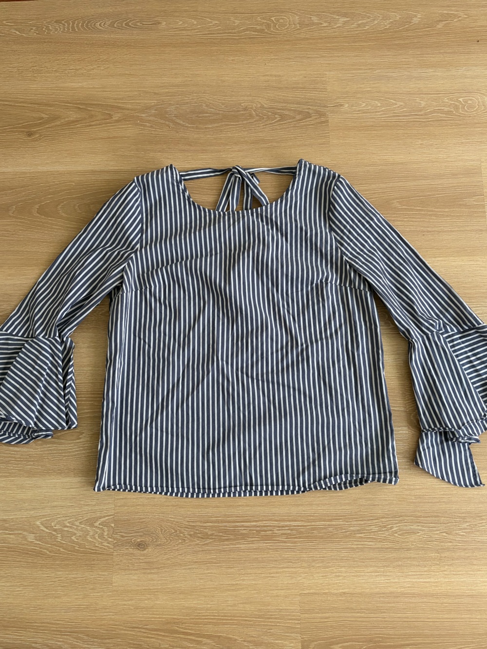 Iz Byer Navy and White Striped Open Back Blouse